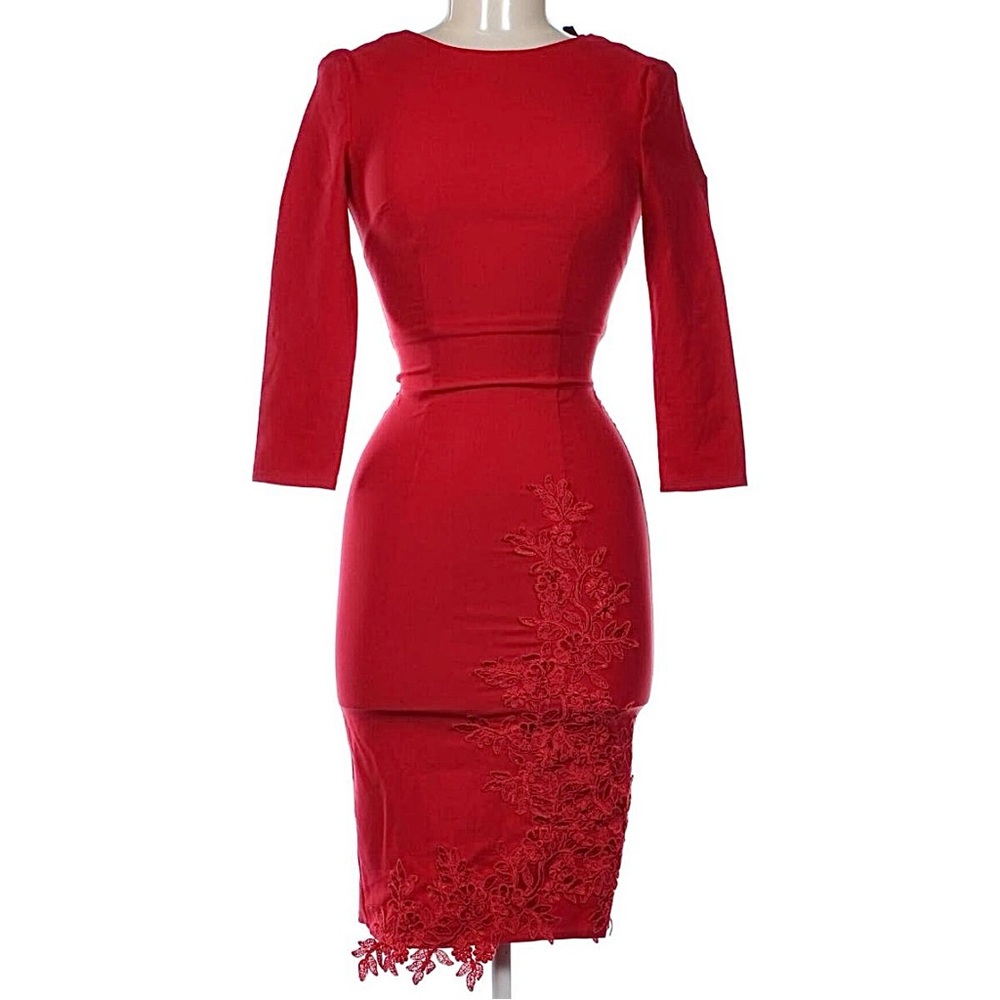 Red Fitted Dress with Lace Appliqué from Little Mistress UK